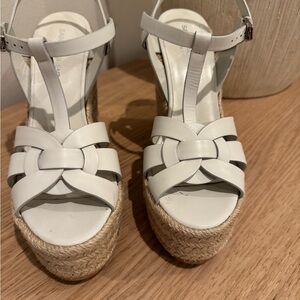 Saint Laurent White Leather Woven Espadrille Wedge Sandals with T-Strap